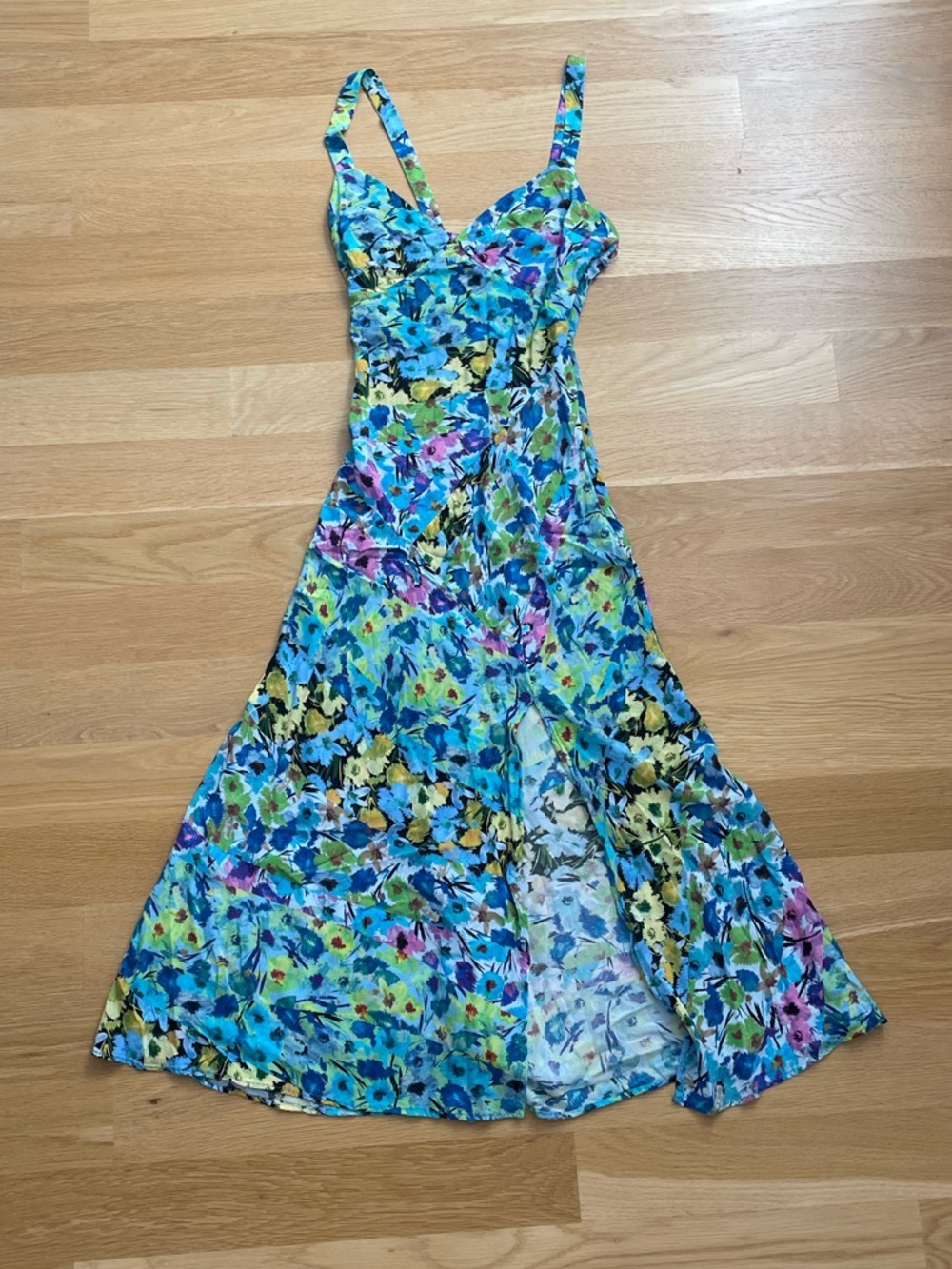 Zara Blue Low-Cut Floral Midi Dress with Slit